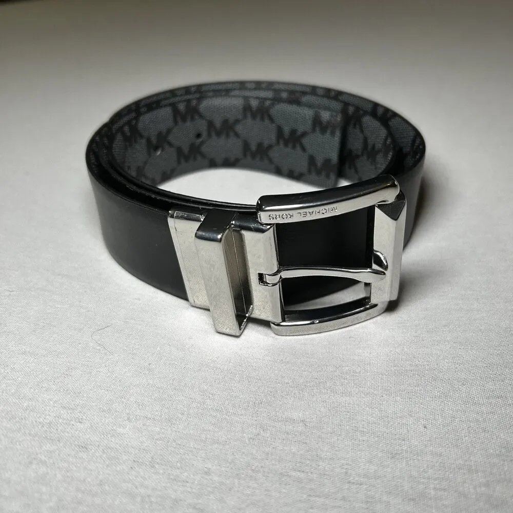 Michael Kors reversible belt, black / gray logo, silver buckle, Size M (est)